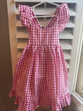 Kelly's Kids Pink Gingham Ruffle-Shoulder Dress